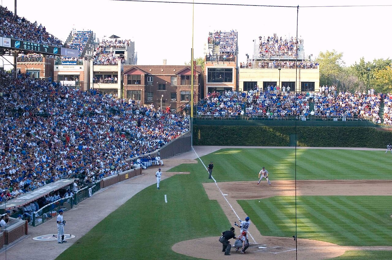 Wrigley Rooftops beyond left field at Wrigley Field