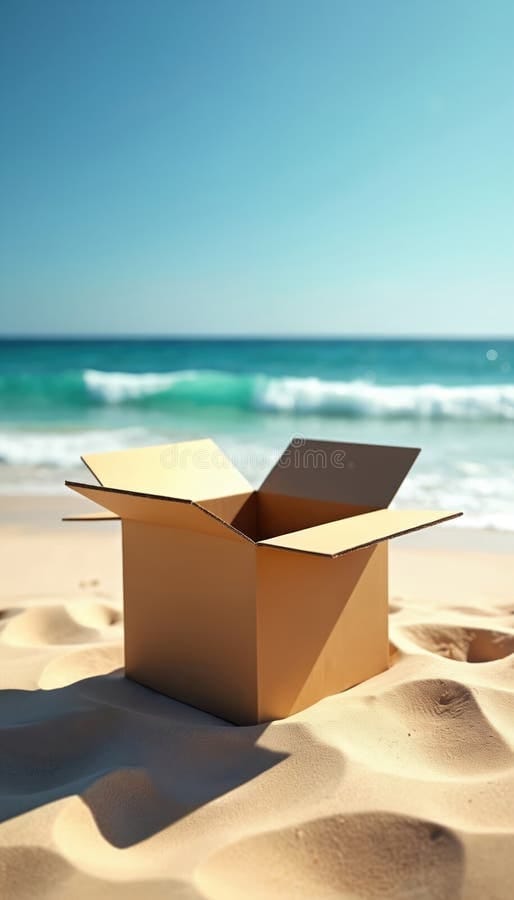 Open Cardboard Box Rests on Sandy Beach with Ocean Waves in Background.  Empty Package Awaits Contents on Sunny Shore Under Clear Stock Illustration  - Illustration of sand, ocean: 411654885